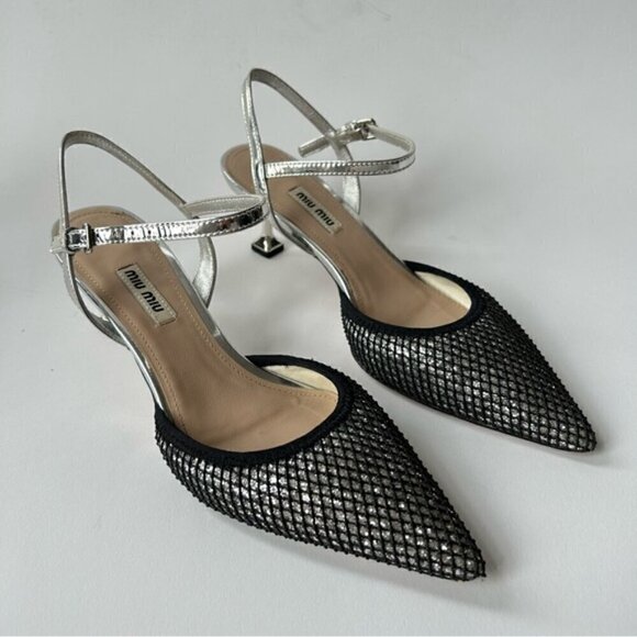 Rare Miu Miu Silver Mesh Black Glitter Kitten Heel sz 7.5 - Picture 2 of 11